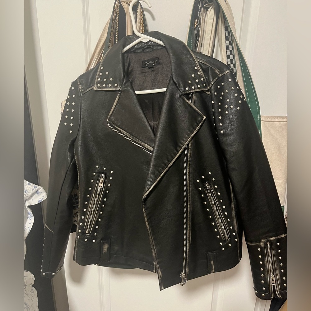 Studded Distressed Black Leather TopShop Jacket size 8 US